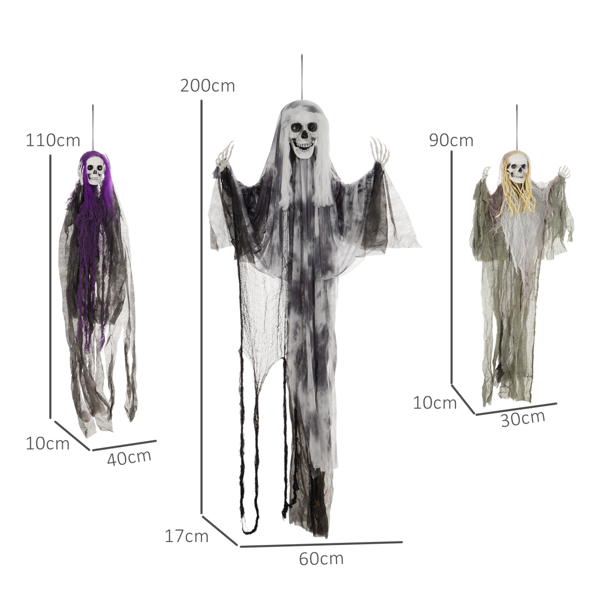 HOMCOM Set of 3 Hanging Skeleton, Flying Ghost Halloween Decorations