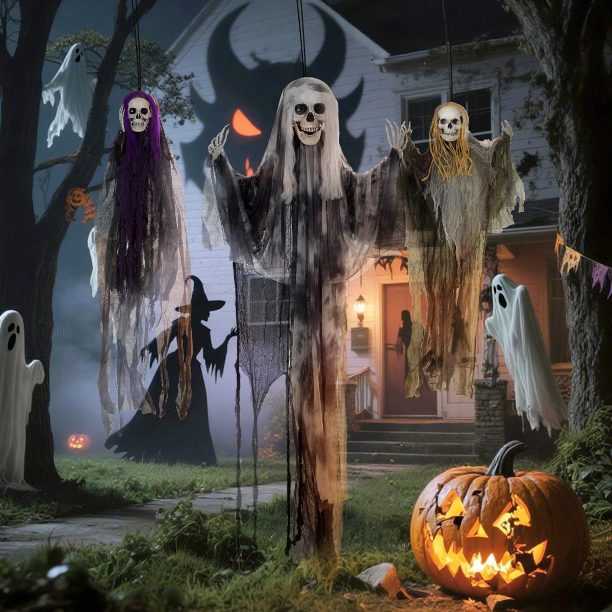 HOMCOM Set of 3 Hanging Skeleton, Flying Ghost Halloween Decorations